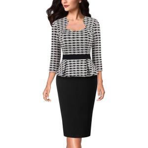 imageVFSHOW Womens 2024 Square Neck Peplum Work Business Office Slim Pencil Sheath DressBlackchecker