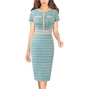 imageVFSHOW Womens Business Button Crew Neck Fitted Wear to Work Office Patchwork Pencil Sheath DressTeal Green Tweed