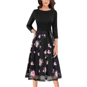 imageVFSHOW Womens Elegant Pockets Belted Work Business Office Casual Party Pleated ALine Midi DressBlackblack Mesh Pink Floral Print