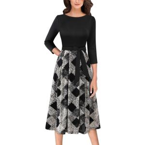 imageVFSHOW Womens Elegant Pockets Belted Work Business Office Casual Party Pleated ALine Midi DressBlackblack and White Check Mesh Print