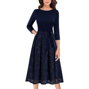 imageVFSHOW Womens Elegant Pockets Belted Work Business Office Casual Party Pleated ALine Midi DressNavy Bluetextured Floral Chiffon
