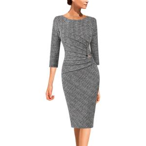 imageVFSHOW Womens Elegant Ruched Pleated Work Business Office Cocktail Party Bodycon Pencil Sheath DressBlack White Tweeds