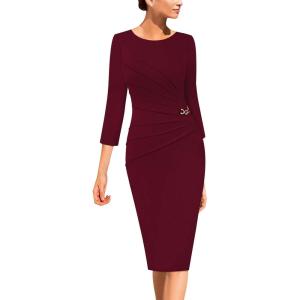 imageVFSHOW Womens Elegant Ruched Pleated Work Business Office Cocktail Party Bodycon Pencil Sheath DressDark Red
