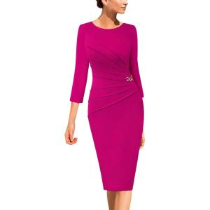 imageVFSHOW Womens Elegant Ruched Pleated Work Business Office Cocktail Party Bodycon Pencil Sheath DressHot Pink
