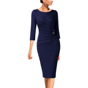 imageVFSHOW Womens Elegant Ruched Pleated Work Business Office Cocktail Party Bodycon Pencil Sheath DressNavy Blue