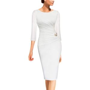 imageVFSHOW Womens Elegant Ruched Pleated Work Business Office Cocktail Party Bodycon Pencil Sheath DressOffwhite