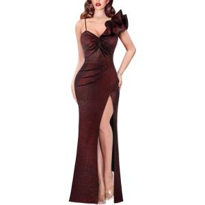 imageVFSHOW Womens Formal Prom Ruffle One Shoulder Strap Ruched Maxi Dress 2024 Sexy Twist Front Split Wedding Guest Evening GownSparkly Dark Red and Black