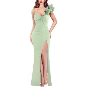 imageVFSHOW Womens Formal Prom Ruffle One Shoulder Strap Ruched Maxi Dress 2024 Sexy Twist Front Split Wedding Guest Evening GownSparkly Sage Green