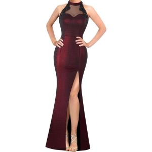 imageVFSHOW Womens Formal Sexy Halter High Slit Prom Wedding Guest Maxi Dress 2023 Illusion Sweetheart Neckline Evening Long GownSparkly Dark Red and Black
