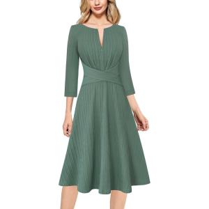 imageVFSHOW Womens Front Zipper Office Business Work Church Professional Front Zipper Knee Length A Line Fit and Flare DressGreen Kint