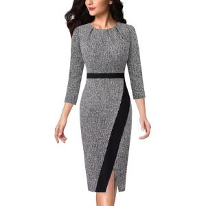 imageVFSHOW Womens Pleated Crew Neck Front Slit Work Business Office Bodycon Sheath Pencil DressBlack Tweed