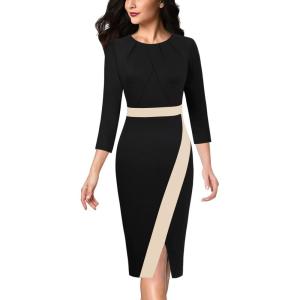 imageVFSHOW Womens Pleated Crew Neck Front Slit Work Business Office Bodycon Sheath Pencil DressBlack and Beige