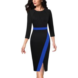 imageVFSHOW Womens Pleated Crew Neck Front Slit Work Business Office Bodycon Sheath Pencil DressBlack and Blue