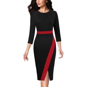 imageVFSHOW Womens Pleated Crew Neck Front Slit Work Business Office Bodycon Sheath Pencil DressBlack and Red