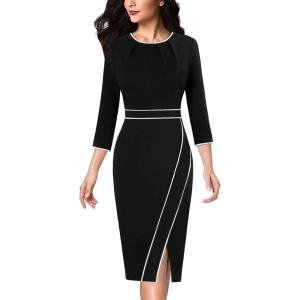 imageVFSHOW Womens Pleated Crew Neck Front Slit Work Business Office Bodycon Sheath Pencil DressBlackwhite Piping
