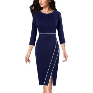 imageVFSHOW Womens Pleated Crew Neck Front Slit Work Business Office Bodycon Sheath Pencil DressNavy Bluewhite Piping