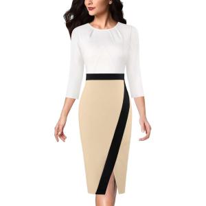 imageVFSHOW Womens Pleated Crew Neck Front Slit Work Business Office Bodycon Sheath Pencil DressOffwhite  Black  Beige