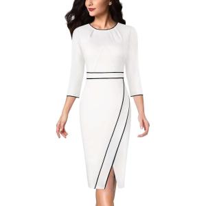 imageVFSHOW Womens Pleated Crew Neck Front Slit Work Business Office Bodycon Sheath Pencil DressOffwhite  Black Piping