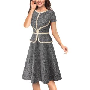 imageVFSHOW Womens Tweed Buttons Peplum Work Business Office Church Crew Neck Colorblock Fit and Flare ALine Dress