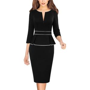 imageVFSHOW Womens Wear to Work Front Zipper Peplum Business Office Church Pencil Sheath DressBlack  White Piping