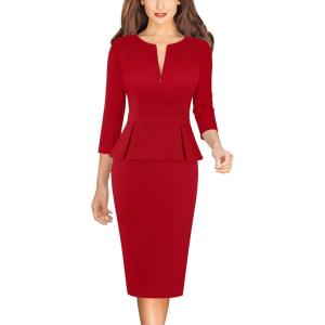 imageVFSHOW Womens Wear to Work Front Zipper Peplum Business Office Church Pencil Sheath DressRed