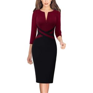 imageVFSHOW Womens Wear to Work Slim Colorblock Crisscross Waist Front Zipper Business Party Office Bodycon Pencil Sheath DressDark Redblack
