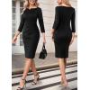 imageVFSHOW Womens Office Work Business Casual Boat Neck 34 Sleeve Ruched Church Cocktail Fitted Pencil Sheath DressBlack