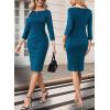 imageVFSHOW Womens Office Work Business Casual Boat Neck 34 Sleeve Ruched Church Cocktail Fitted Pencil Sheath DressPeacock Blue