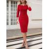 imageVFSHOW Womens Office Work Business Casual Boat Neck 34 Sleeve Ruched Church Cocktail Fitted Pencil Sheath DressRed