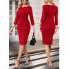 imageVFSHOW Womens Office Work Business Casual Boat Neck 34 Sleeve Ruched Church Cocktail Fitted Pencil Sheath DressRed