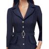 imageVFSHOW Womens Work Business Casual Office 34 Sleeve Belted Elegant Lapel V Neck Buttons Fitted Pencil Sheath DressNavy Blue and White Striped