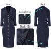 imageVFSHOW Womens Work Business Casual Office 34 Sleeve Belted Elegant Lapel V Neck Buttons Fitted Pencil Sheath DressNavy Blue and White Striped
