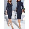imageVFSHOW Womens Work Business Casual Office 34 Sleeve Belted Elegant Lapel V Neck Buttons Fitted Pencil Sheath DressNavy Blue and White Striped