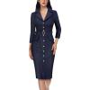 imageVFSHOW Womens Work Business Casual Office 34 Sleeve Belted Elegant Lapel V Neck Buttons Fitted Pencil Sheath DressNavy Blue and White Striped