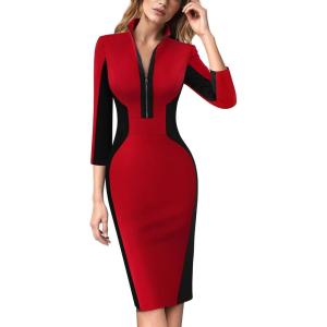 imageVFSHOW Womens Professional Work Business Casual Office Front Zipper Colorblock Fitted Pencil Sheath DressRed and Black