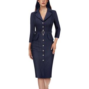 imageVFSHOW Womens Work Business Casual Office 34 Sleeve Belted Elegant Lapel V Neck Buttons Fitted Pencil Sheath DressNavy Blue and White Striped