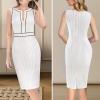 imageVFSHOW Womens 2025 Work Business Office Dresses Crew Neck Front Zipper Church Slimming Pencil Sheath DressOff Whiteblack Piping