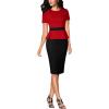 imageVFSHOW Womens Pleated Crew Neck Peplum Work Business Office Church Bodycon Pencil Sheath DressRed and Black