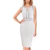 imageVFSHOW Womens 2025 Work Business Office Dresses Crew Neck Front Zipper Church Slimming Pencil Sheath DressOff Whiteblack Piping