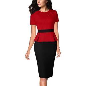 imageVFSHOW Womens Pleated Crew Neck Peplum Work Business Office Church Bodycon Pencil Sheath DressRed and Black
