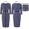 imageVFSHOW Womens Buttons Patchwork Work Business Office Party Bodycon Pencil Sheath DressBlue Tweed