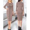 imageVFSHOW Womens Buttons Patchwork Work Business Office Party Bodycon Pencil Sheath DressOrange Tweed