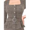 imageVFSHOW Womens Square Neck Peplum Buttons Belted Business Work Office Slim Pencil Sheath DressApricot Plaid Tweed