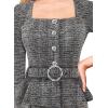 imageVFSHOW Womens Square Neck Peplum Buttons Belted Business Work Office Slim Pencil Sheath DressBlack Tweed