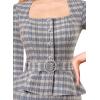 imageVFSHOW Womens Square Neck Peplum Buttons Belted Business Work Office Slim Pencil Sheath DressBlue Tweed
