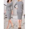 imageVFSHOW Womens Square Neck Peplum Buttons Belted Business Work Office Slim Pencil Sheath DressBlue Tweed