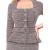 imageVFSHOW Womens Square Neck Peplum Buttons Belted Business Work Office Slim Pencil Sheath DressPink Plaid Tweed