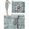 imageVFSHOW Womens Square Neck Peplum Buttons Belted Business Work Office Slim Pencil Sheath DressTeal Green Tweed