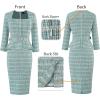 imageVFSHOW Womens Square Neck Peplum Buttons Belted Business Work Office Slim Pencil Sheath DressTeal Green Tweed