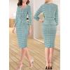imageVFSHOW Womens Square Neck Peplum Buttons Belted Business Work Office Slim Pencil Sheath DressTeal Green Tweed